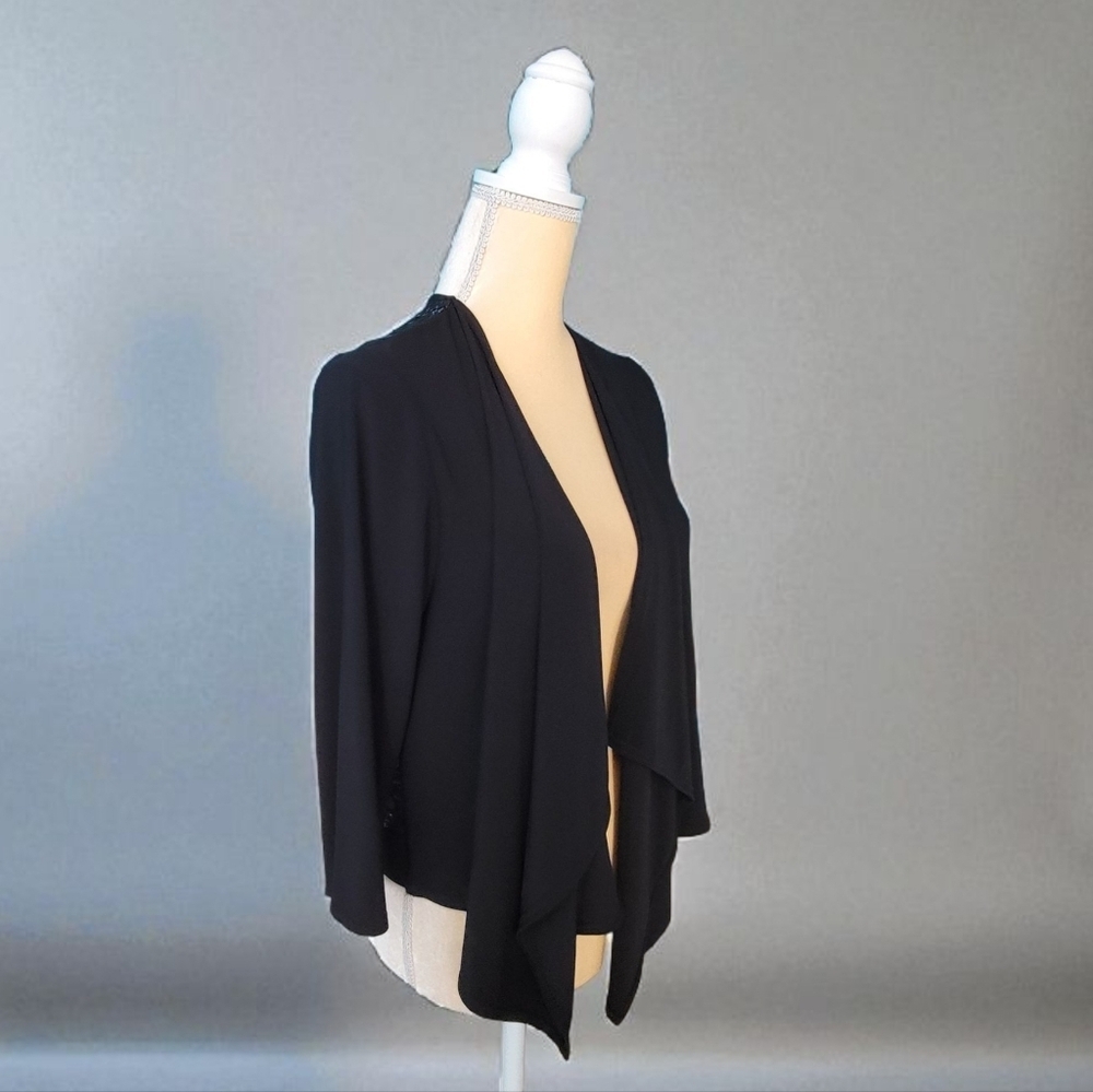 R&M Richards Jacket Large Black Lace sequins Back Drape Open Front Whimsigoth
